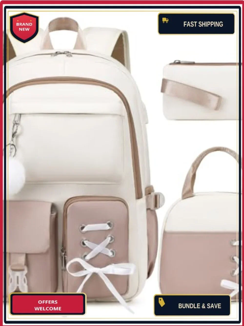 3-in-1 Laptop Backpack Set with Lunch Bag & Pencil Pouch, USB Charging,
